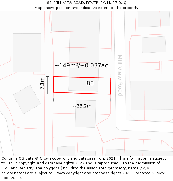 88, MILL VIEW ROAD, BEVERLEY, HU17 0UQ: Plot and title map