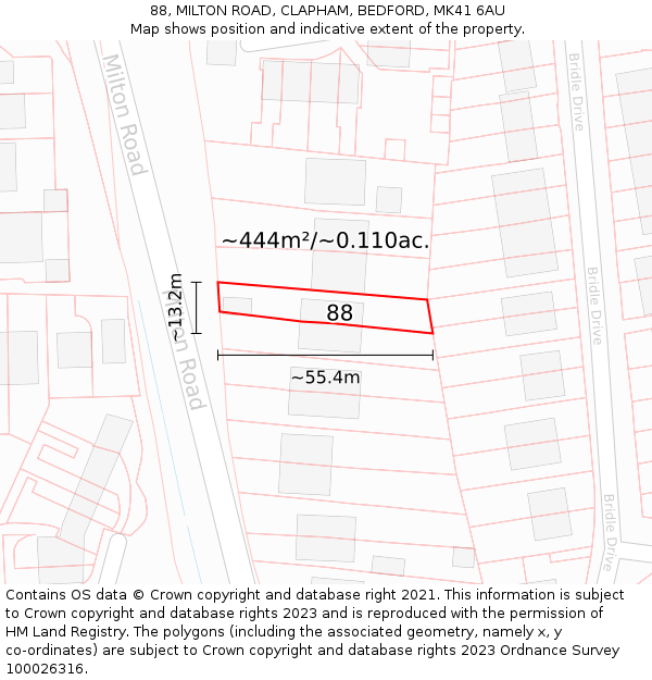 88, MILTON ROAD, CLAPHAM, BEDFORD, MK41 6AU: Plot and title map