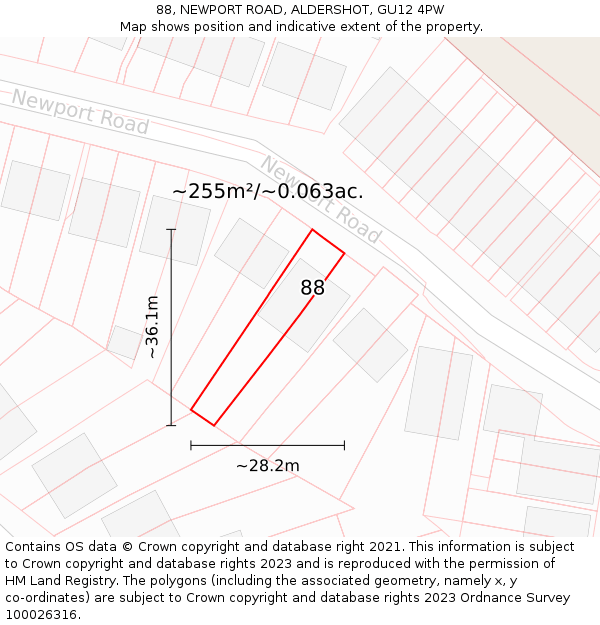 88, NEWPORT ROAD, ALDERSHOT, GU12 4PW: Plot and title map