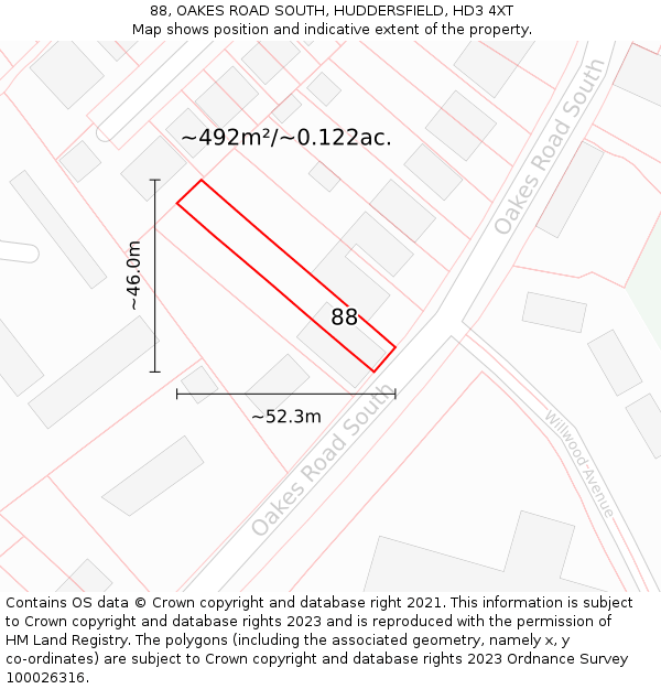 88, OAKES ROAD SOUTH, HUDDERSFIELD, HD3 4XT: Plot and title map