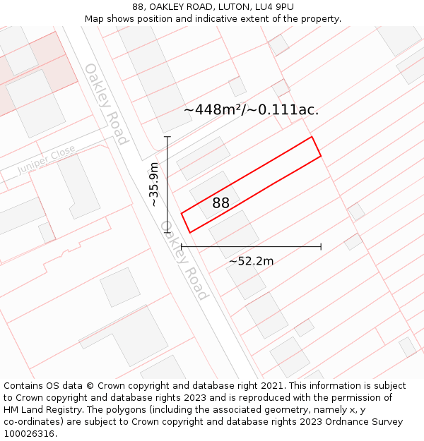 88, OAKLEY ROAD, LUTON, LU4 9PU: Plot and title map