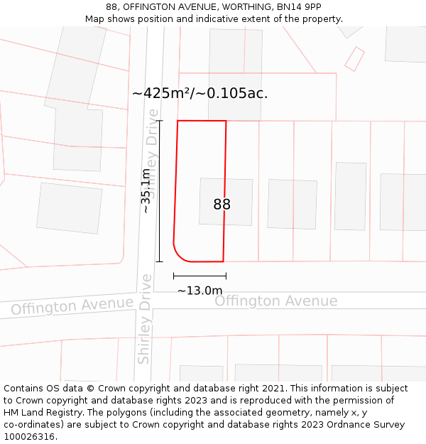 88, OFFINGTON AVENUE, WORTHING, BN14 9PP: Plot and title map