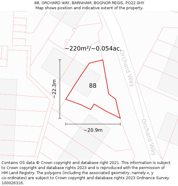 88, ORCHARD WAY, BARNHAM, BOGNOR REGIS, PO22 0HY: Plot and title map