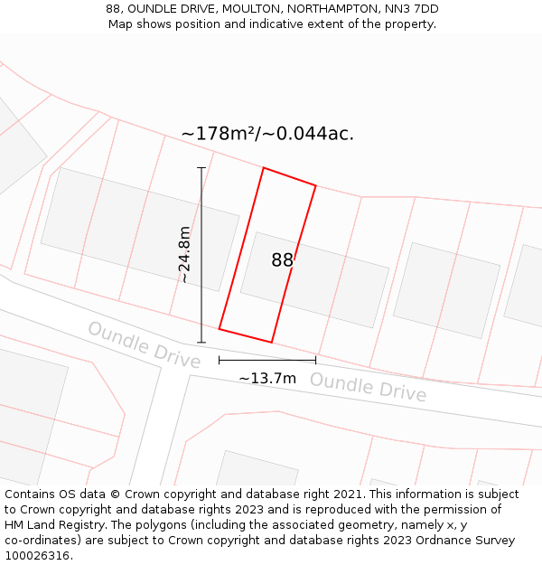 88, OUNDLE DRIVE, MOULTON, NORTHAMPTON, NN3 7DD: Plot and title map