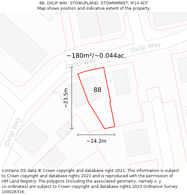 88, OXLIP WAY, STOWUPLAND, STOWMARKET, IP14 4DT: Plot and title map