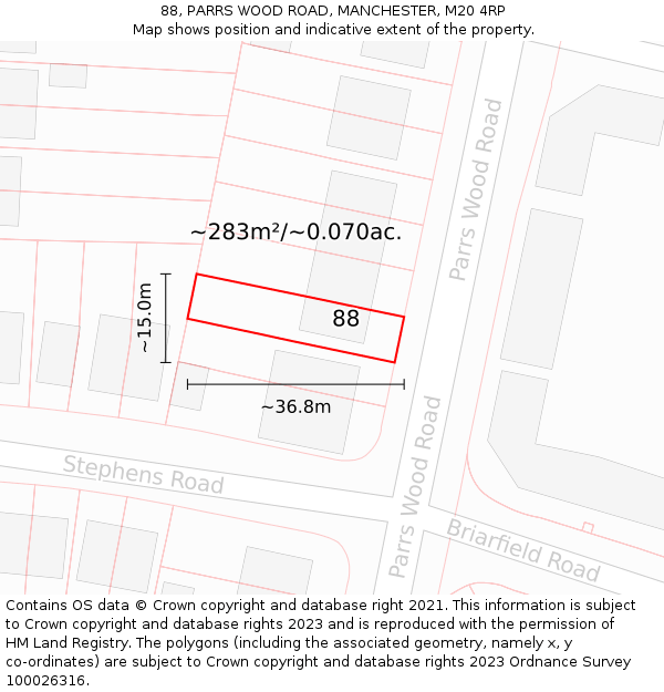 88, PARRS WOOD ROAD, MANCHESTER, M20 4RP: Plot and title map