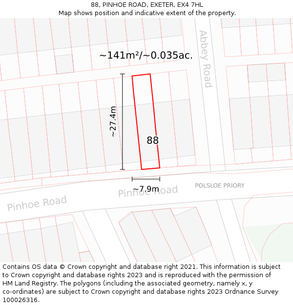 88, PINHOE ROAD, EXETER, EX4 7HL: Plot and title map