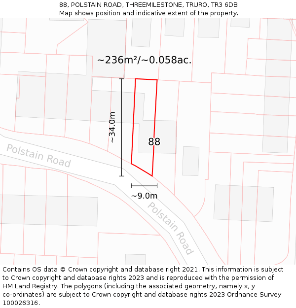 88, POLSTAIN ROAD, THREEMILESTONE, TRURO, TR3 6DB: Plot and title map