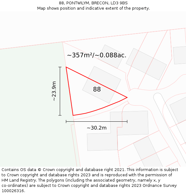 88, PONTWILYM, BRECON, LD3 9BS: Plot and title map