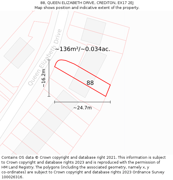 88, QUEEN ELIZABETH DRIVE, CREDITON, EX17 2EJ: Plot and title map