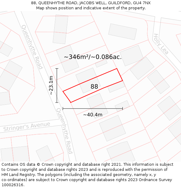 88, QUEENHYTHE ROAD, JACOBS WELL, GUILDFORD, GU4 7NX: Plot and title map