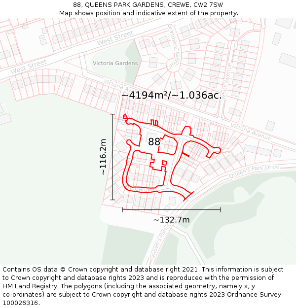 88, QUEENS PARK GARDENS, CREWE, CW2 7SW: Plot and title map