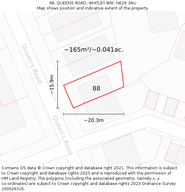 88, QUEENS ROAD, WHITLEY BAY, NE26 3AU: Plot and title map