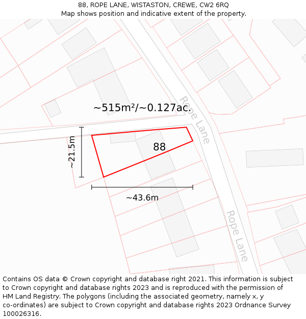 88, ROPE LANE, WISTASTON, CREWE, CW2 6RQ: Plot and title map