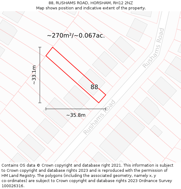 88, RUSHAMS ROAD, HORSHAM, RH12 2NZ: Plot and title map