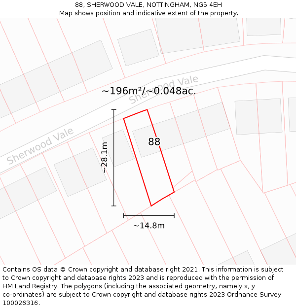 88, SHERWOOD VALE, NOTTINGHAM, NG5 4EH: Plot and title map