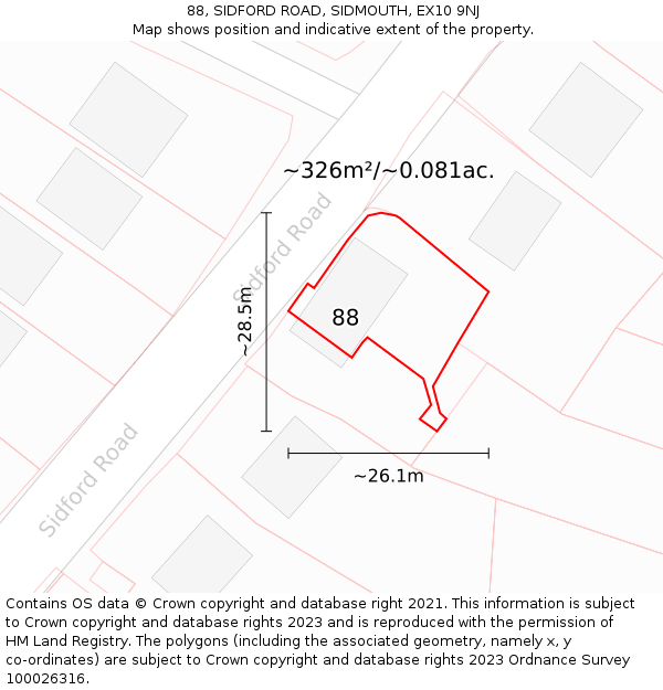 88, SIDFORD ROAD, SIDMOUTH, EX10 9NJ: Plot and title map