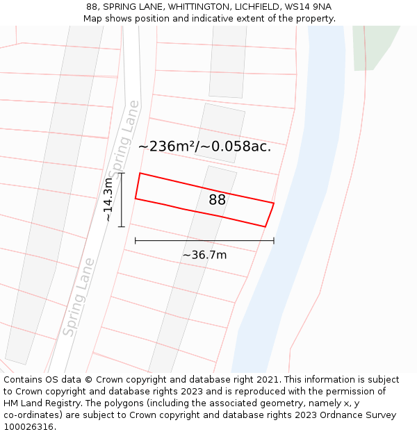 88, SPRING LANE, WHITTINGTON, LICHFIELD, WS14 9NA: Plot and title map