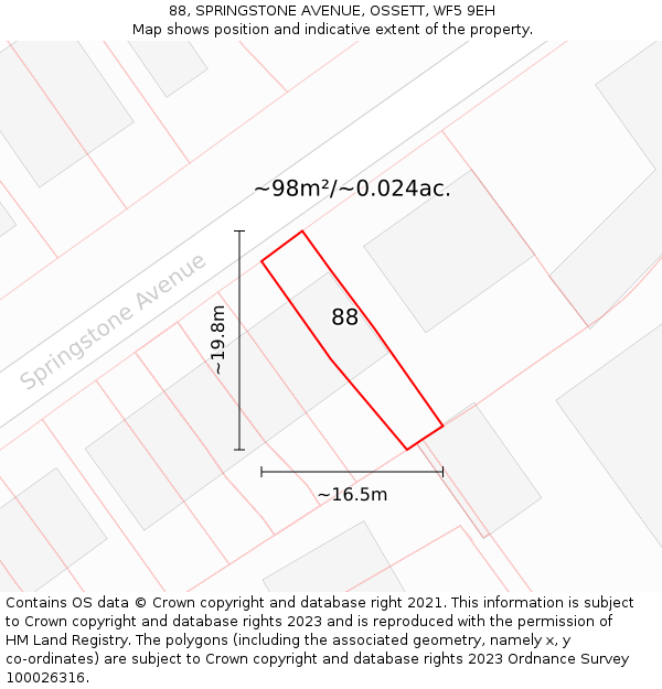 88, SPRINGSTONE AVENUE, OSSETT, WF5 9EH: Plot and title map