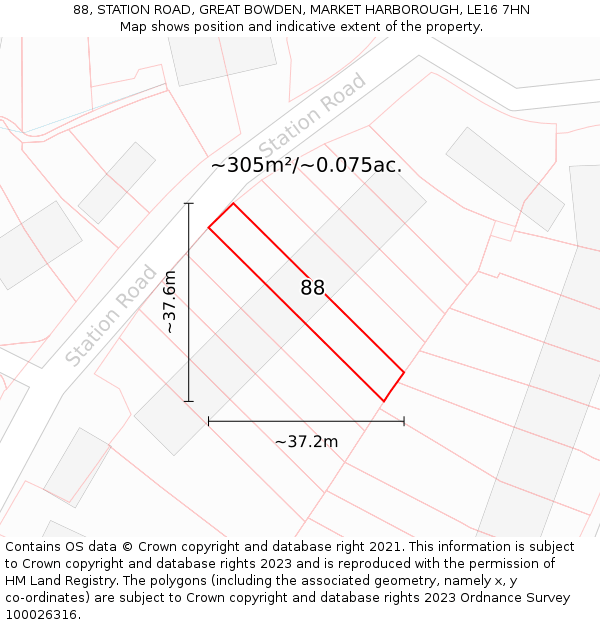 88, STATION ROAD, GREAT BOWDEN, MARKET HARBOROUGH, LE16 7HN: Plot and title map