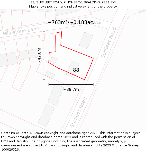 88, SURFLEET ROAD, PINCHBECK, SPALDING, PE11 3XY: Plot and title map