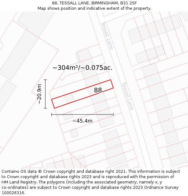 88, TESSALL LANE, BIRMINGHAM, B31 2SF: Plot and title map