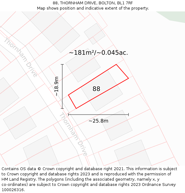 88, THORNHAM DRIVE, BOLTON, BL1 7RF: Plot and title map