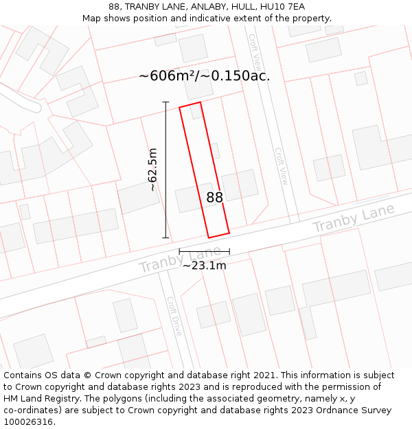 88, TRANBY LANE, ANLABY, HULL, HU10 7EA: Plot and title map