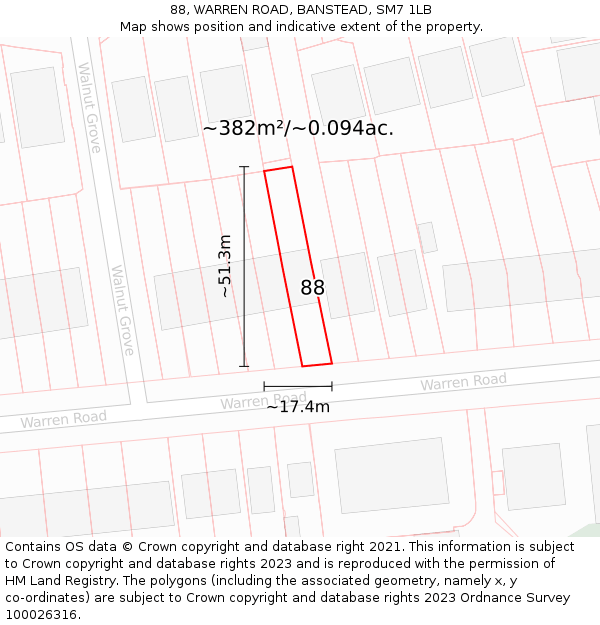 88, WARREN ROAD, BANSTEAD, SM7 1LB: Plot and title map