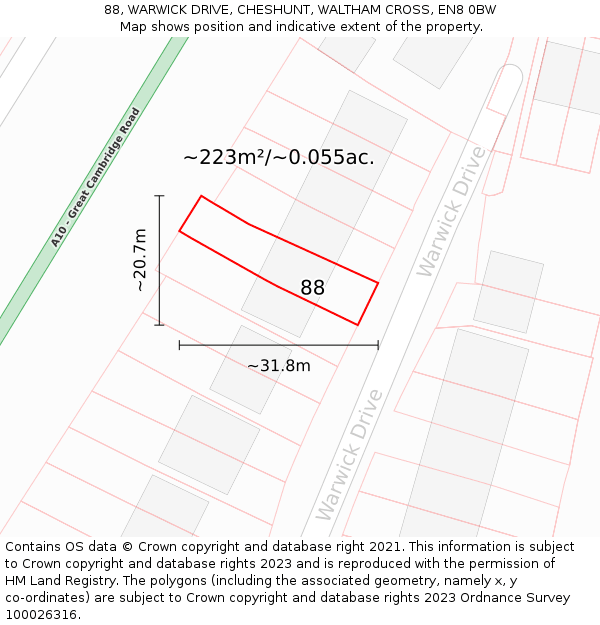 88, WARWICK DRIVE, CHESHUNT, WALTHAM CROSS, EN8 0BW: Plot and title map