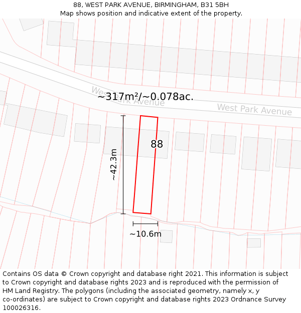 88, WEST PARK AVENUE, BIRMINGHAM, B31 5BH: Plot and title map