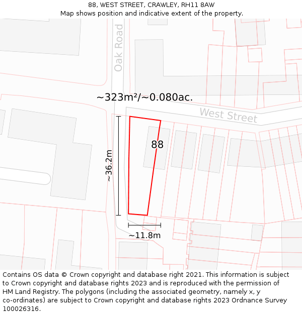 88, WEST STREET, CRAWLEY, RH11 8AW: Plot and title map