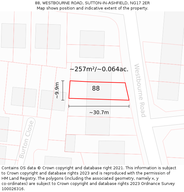 88, WESTBOURNE ROAD, SUTTON-IN-ASHFIELD, NG17 2ER: Plot and title map