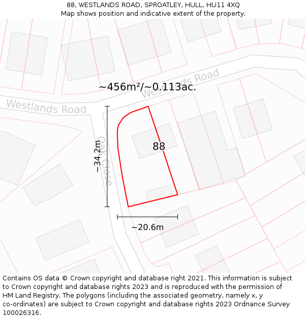 88, WESTLANDS ROAD, SPROATLEY, HULL, HU11 4XQ: Plot and title map