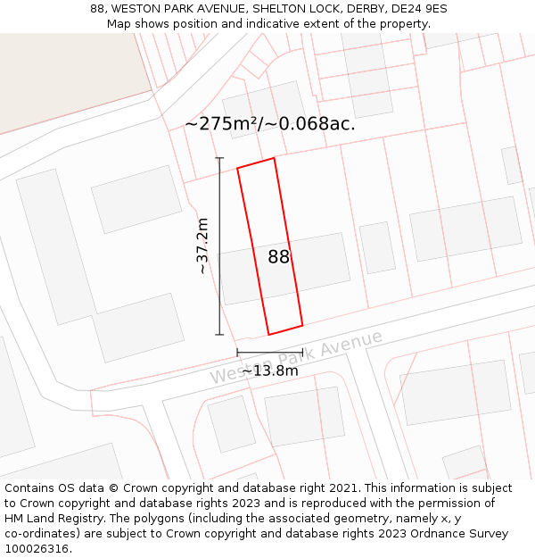 88, WESTON PARK AVENUE, SHELTON LOCK, DERBY, DE24 9ES: Plot and title map