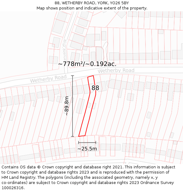 88, WETHERBY ROAD, YORK, YO26 5BY: Plot and title map