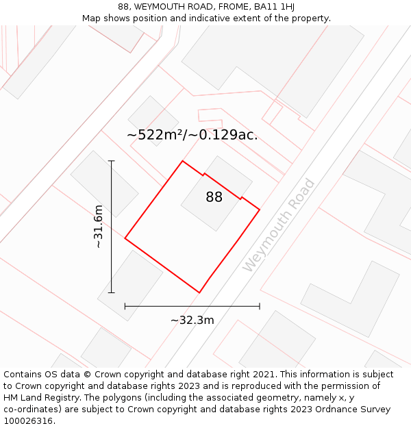 88, WEYMOUTH ROAD, FROME, BA11 1HJ: Plot and title map