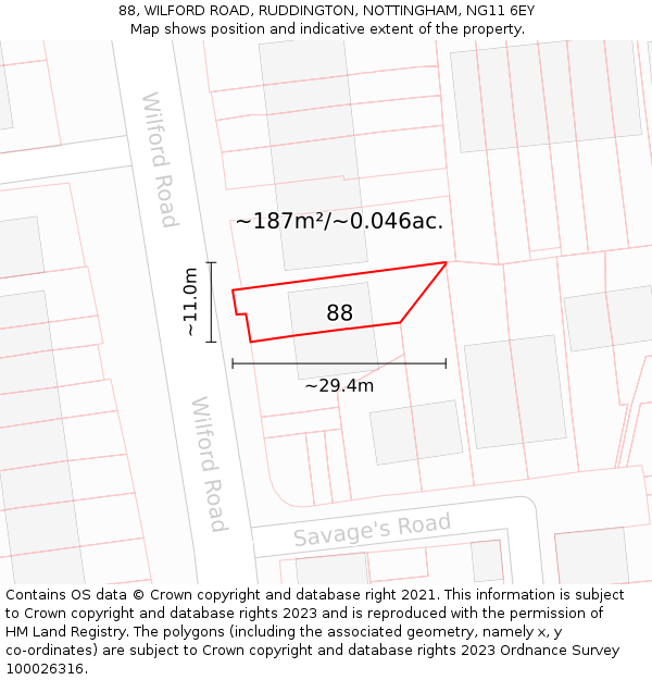 88, WILFORD ROAD, RUDDINGTON, NOTTINGHAM, NG11 6EY: Plot and title map