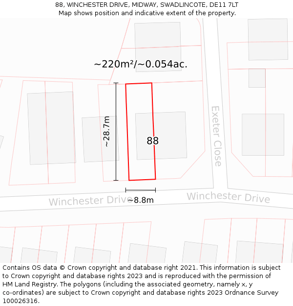 88, WINCHESTER DRIVE, MIDWAY, SWADLINCOTE, DE11 7LT: Plot and title map