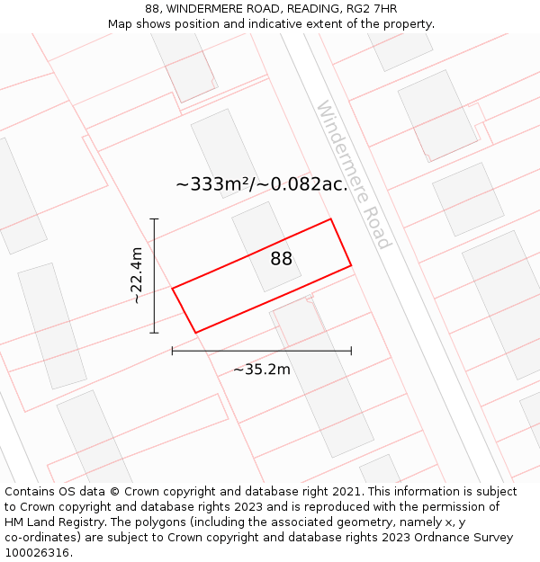 88, WINDERMERE ROAD, READING, RG2 7HR: Plot and title map