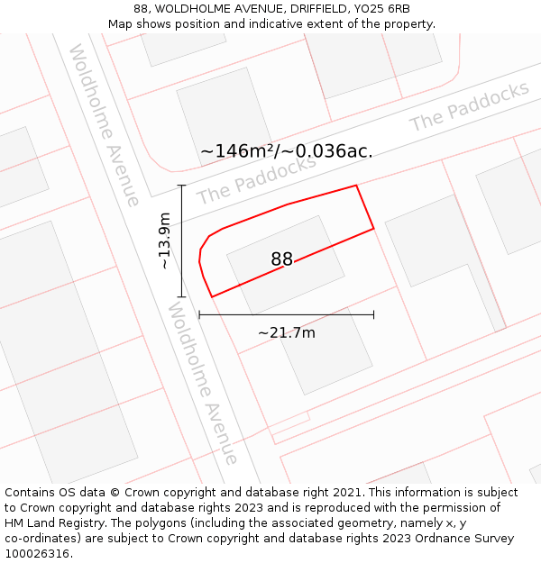 88, WOLDHOLME AVENUE, DRIFFIELD, YO25 6RB: Plot and title map