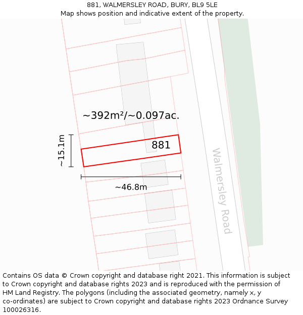 881, WALMERSLEY ROAD, BURY, BL9 5LE: Plot and title map