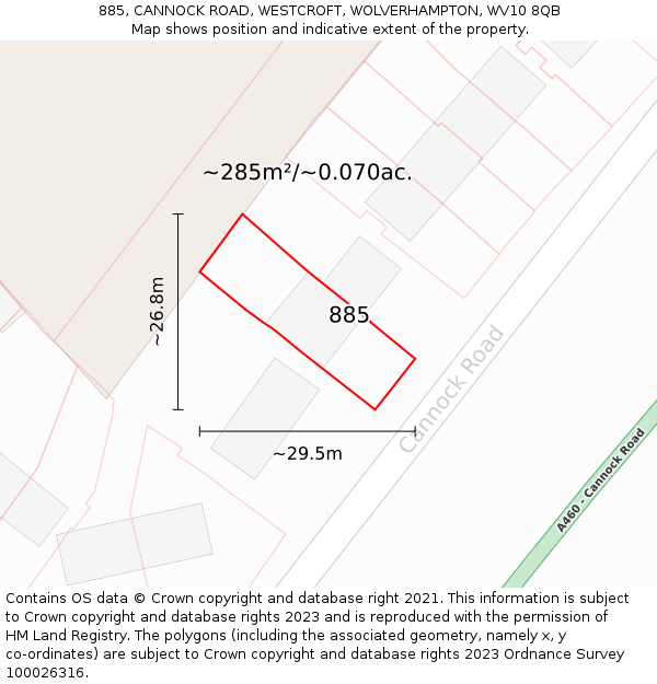 885, CANNOCK ROAD, WESTCROFT, WOLVERHAMPTON, WV10 8QB: Plot and title map