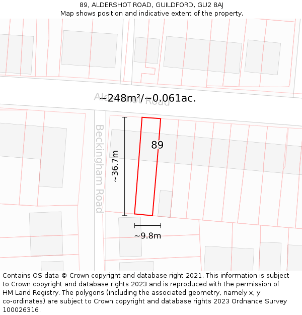 89, ALDERSHOT ROAD, GUILDFORD, GU2 8AJ: Plot and title map