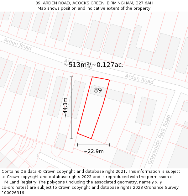 89, ARDEN ROAD, ACOCKS GREEN, BIRMINGHAM, B27 6AH: Plot and title map