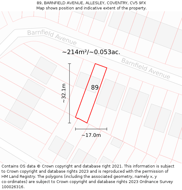 89, BARNFIELD AVENUE, ALLESLEY, COVENTRY, CV5 9FX: Plot and title map