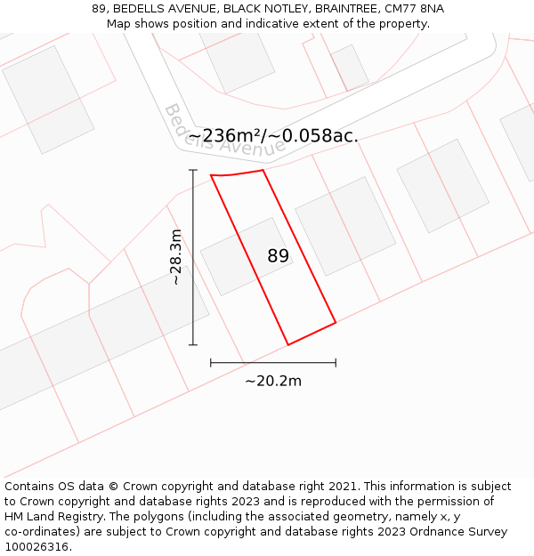 89, BEDELLS AVENUE, BLACK NOTLEY, BRAINTREE, CM77 8NA: Plot and title map