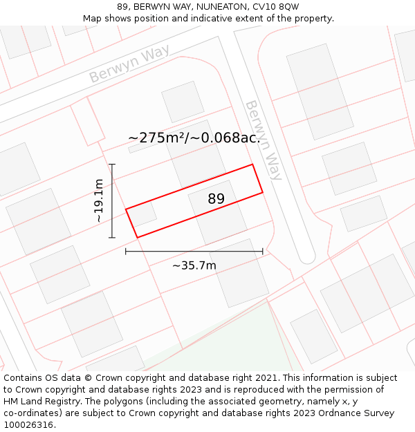 89, BERWYN WAY, NUNEATON, CV10 8QW: Plot and title map