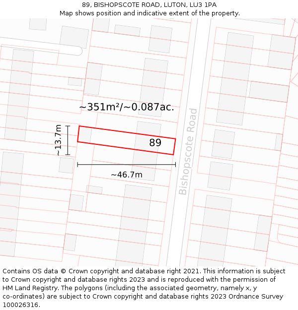 89, BISHOPSCOTE ROAD, LUTON, LU3 1PA: Plot and title map