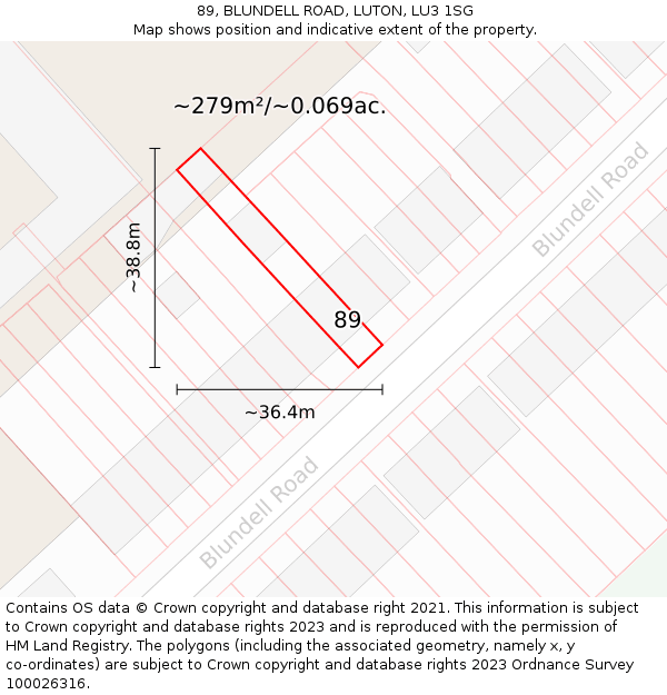 89, BLUNDELL ROAD, LUTON, LU3 1SG: Plot and title map